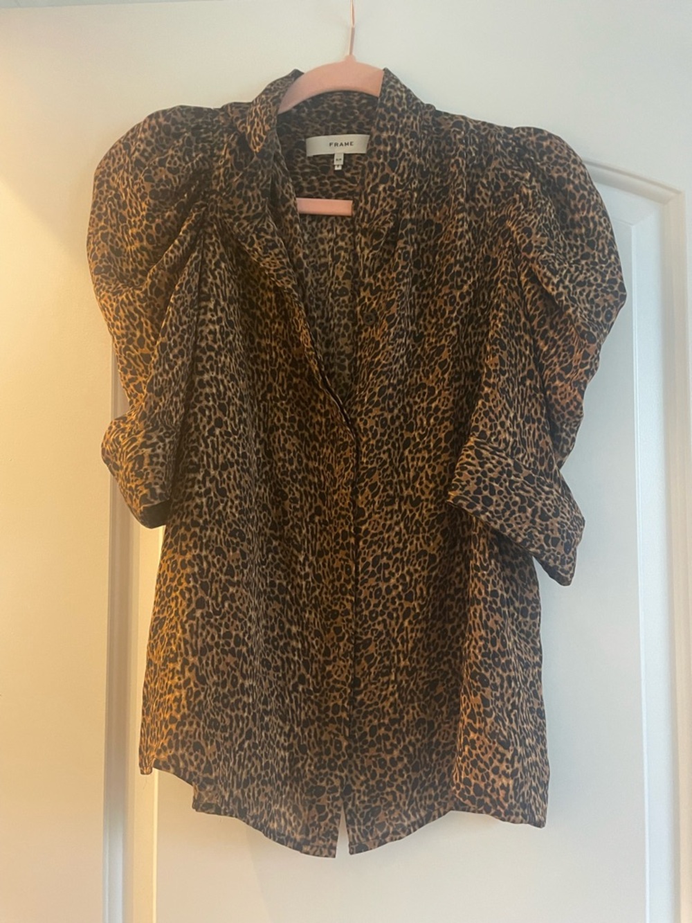 Frame Denim Leopard-Print Puff Sleeve Blouse in Brown and Black